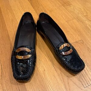Stuart Weitzman Black Patent Leather Perforated Loafers Horn Buckle Size 10.5